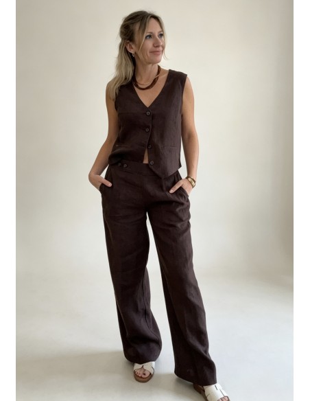 PANTALON LINO BOTONES MARRON
