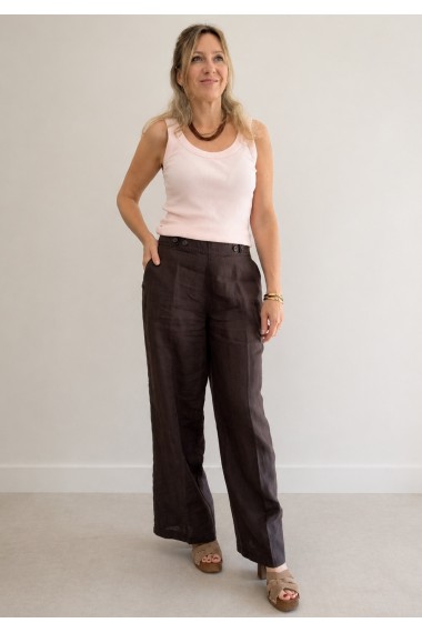 PANTALON LINO BOTONES MARRON 2